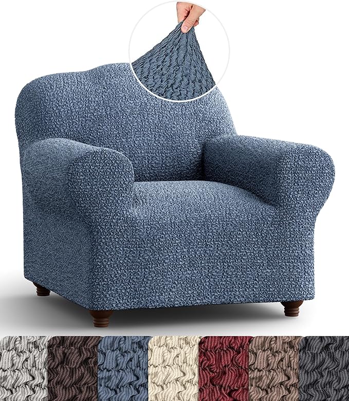 PAULATO BY GA.I.CO. Chair Cover - Armchair Cover - Armchair Slipcover - Cotton Fabric Slipcover - 1-Piece Form Fit Stretch Stylish Furniture Protector - Mille Righe Collection - Blue (Chair)