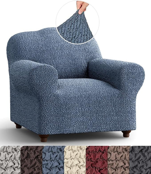 PAULATO BY GA.I.CO. Chair Cover - Armchair Cover - Armchair Slipcover - Cotton Fabric Slipcover - 1-Piece Form Fit Stretch Stylish Furniture Protector - Mille Righe Collection - Blue (Chair)