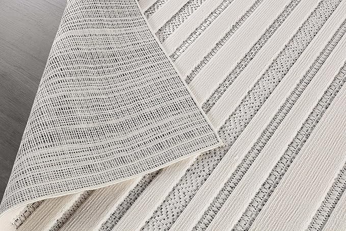 CAMILSON Modern Rug 9x12 Luxury Striped Line Large Micro Loop Area Rugs Soft High-Low Pile Stain Resistant Easy to Clean Non-Shedding Durable Living Room Office Indoor Carpet (White)