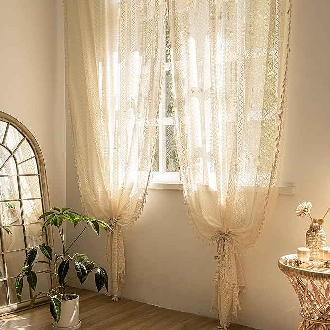 Sutuo Home Boho Curtains 84 Inches Length for Bedroom, Window Treatments Bohemian Sheer Crochet Lace Vintage Drapes Pair, Beige Wave Knitted with Handmade Tassels Rod Pocket, 52" x 84"，2 Panels
