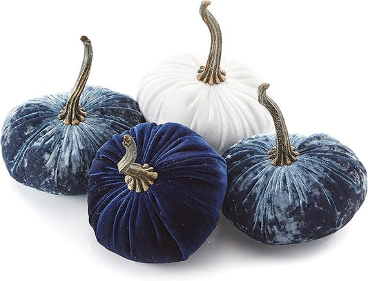 Your Heart's Content Set of 4 Small Velvet Pumpkins, Indigo Blue Decor, Gift Our Little Pumpkin Baby Shower Decorations boy, White Pumpkin Centerpiece, Navy (Sm 2Indigo Navy Ivory)