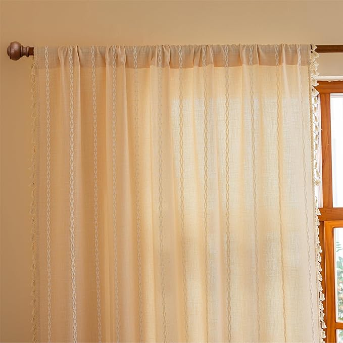 Sutuo Home Boho Curtains for Bedroom Dining Room Kitchen,Light Filtering Linen Farmhouse Shabby Chic Tassels Window Treatment Bohemian Embroidery Drape, Rod Pocket 1 Panel 52" W x 72" L, Champagne