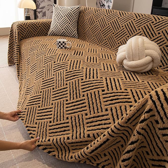 ROOMLIFE Striped Boho Khaki Couch Cover for 2-3 Cushion Sofa, Fuzzy Plush Warm Sofa Slipcovers Sectional Sofas Covers, Non Slip Washable Furniture Protector Soft with Tassel,Winter 71''X134”