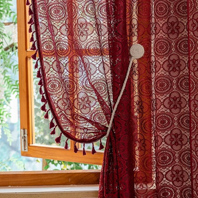 YJ YANJUN Burgundy Sheer Lace Curtains 63 inch Length with Tassel for Bedroom Boho Maroon Curtain for Living Room Light Filtering Crochet Bay Window Curtains Set of 2 W59 x L63 Dark Red
