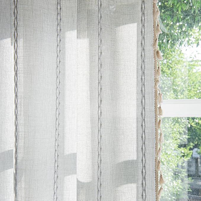 Sutuo Home Boho Curtains for Bedroom Dining Room Kitchen, Semi Blackout Linen Farmhouse Shabby Chic Tassels Window Treatment Bohemian Embroidery Drape, Rod Pocket 1 Panel 52" W x 63" L, Light Grey