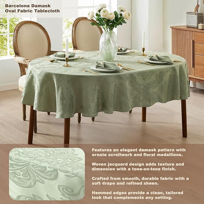 Newbridge Barcelona Damask Fabric Tablecloth, 60 x 84 Inch Oval, Sage Green – No Iron, Soil Resistant Table Cover for Dining, Parties and Holidays