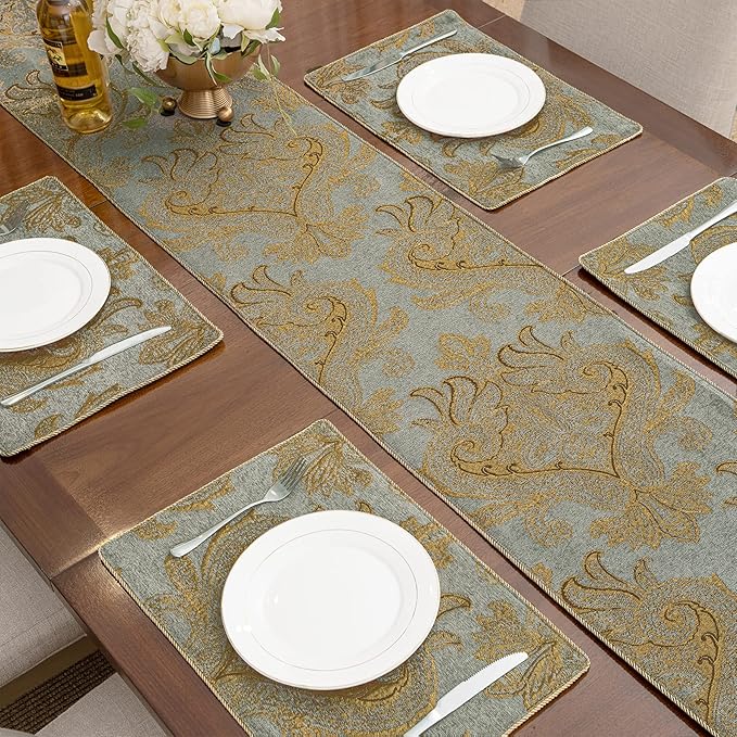 Loom and Mill Luxury Thick Chenille Table Runner, Modern Damask Jacquard Table Runners with Handmade Tassels for Dining Room Dresser Party Holiday Banquet Decorations(Blue Gold, 13x90 inch)