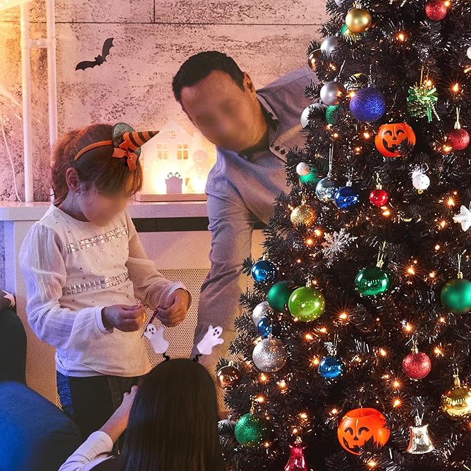 Yaheetech 4.5ft Pre-lit Halloween Black Spruce Artificial Hinged Christmas Pine Tree Prelighted Xmas Tree for Home Party Holiday Decoration with 150 Clear Warm White Lights and 324 Branch Tips, Black