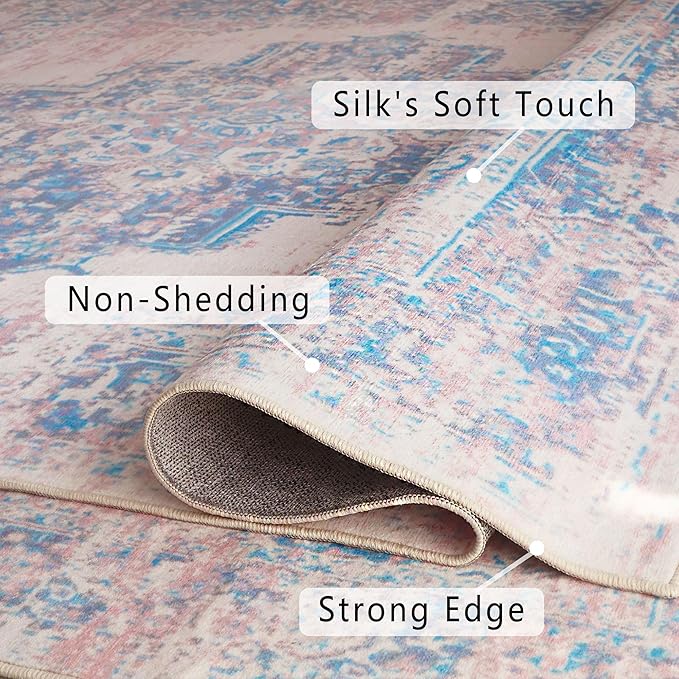vivorug 9x12 Area Rugs for Living Room, Non Slip Machine Washable Vintage Pink Rug, Ultra-Thin Lightweight Large Area Rug for Bedroom, Dining Room, Low Pile Rug