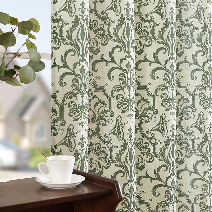 jinchan Linen Curtains for Bedroom & Living Room - Moss Green Damask Patterned Curtains, 90 Inches Long, Light Filtering, Vintage Baroque Style Drapes with Grommet Window Treatments - 2 Panels Set
