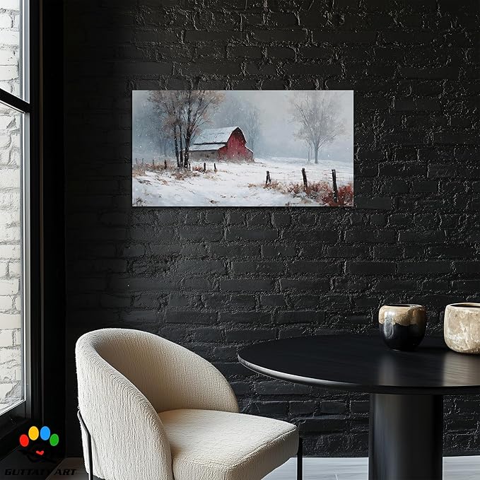 GUTTATY Christmas Winter Scene Canvas Wall Art, Red Barn Farmhouse Snowy Wall Painting, Rustic Poster Artwork, Cozy Seasonal Wall Decor Pictures for Living Room, Bedroom, Office, 24x12 Inch
