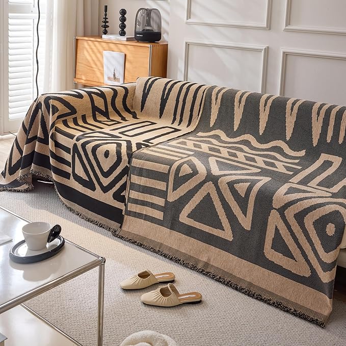DREAMINGO Boho Couch Cover Washable Chenille Sofa Cover Blanket Light Coffee Black Furniture Protector for Sectional 2 Cushion Couch Reversible Geometric Loveseat Slipcover, Large 71"x118"