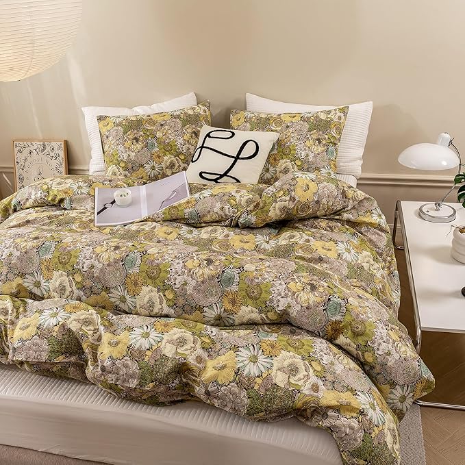 ECOCOTT Floral Duvet Cover Queen Size - Vintage Chic Garden Style Floral Pattern Printed Flower Duvet Cover Set Super Soft Comforter Quilt Cover with Zipper Closure 4 Ties