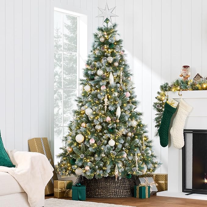 Best Choice Products Full Scotch Pine Christmas Tree, 9ft Pre-Lit Frosted Holiday Decor w/ 2,000 Twinkling Micro LED Lights, 2-in-1 White & Multicolor