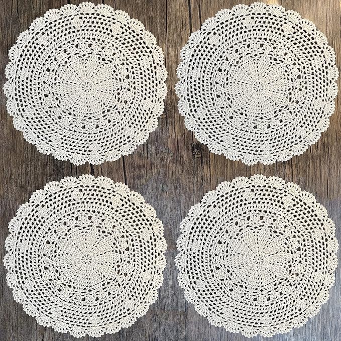 PHANTOMON Crochet Doilies Handmade Round Cotton Lace Table Placemats Knitted Tablecloth, Star Pattern Rippled Edge, Pack of 4 (12 Inch, Beige)