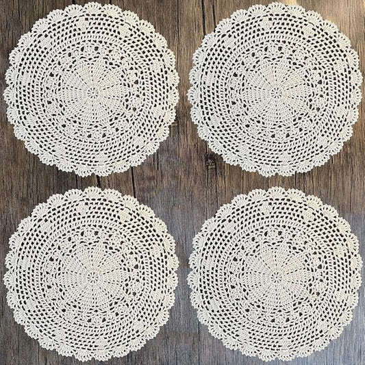 PHANTOMON Crochet Doilies Handmade Round Cotton Lace Table Placemats Knitted Tablecloth, Star Pattern Rippled Edge, Pack of 4 (12 Inch, Beige)