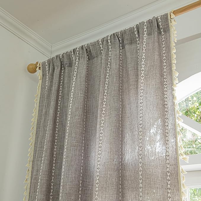 Sutuo Home Boho Curtains for Kitchen Bedroom Dining Room, Linen Farmhouse Shabby Chic Tassels Window Treatment Bohemian Embroidery Drape, Rod Pocket 1 Panel 52" W x 63" L, Brown
