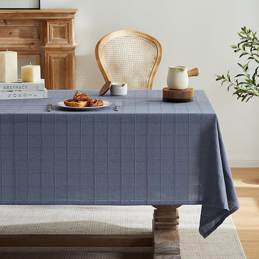 ZeeMart Linen Checked Table Cloth, Farmhouse Style Plaid Embroidered Blue Tablecloth, Water Resistant Rectangle Table Cloth, Blue 60x120 Inches
