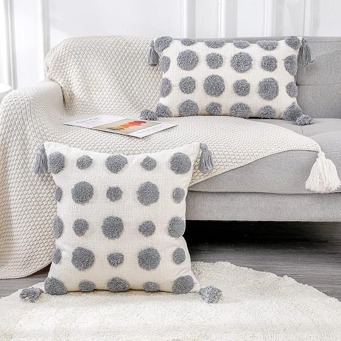 PANOD Super Soft Farmhouse Decorative Plush Throw Pillow Covers 12 x 20 Grey,Solid Pom pom Tufted with Tassels Modern Accent Boho Lumbar Cushion Cover Pillow Case for Couch Sofa