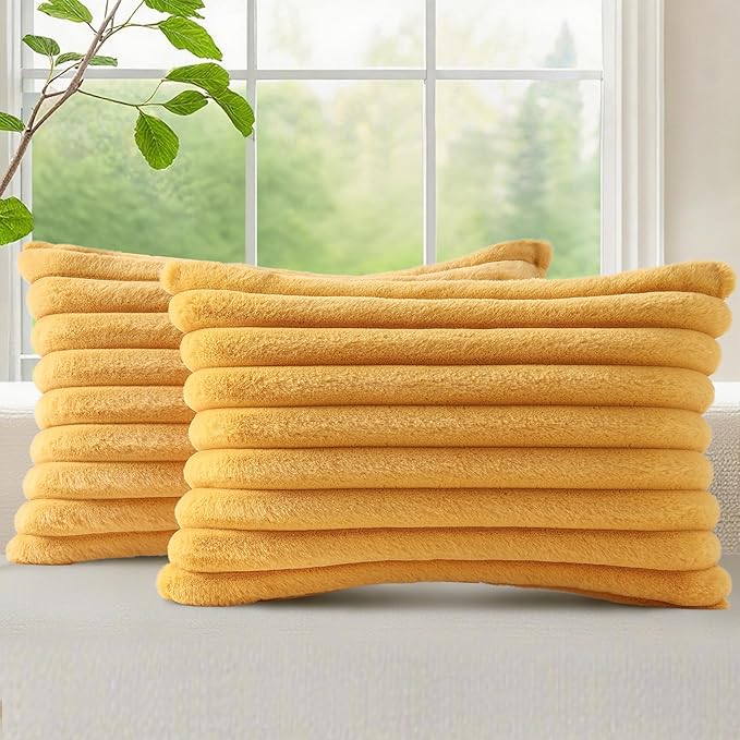 decorUhome Faux Fur Christmas Throw Pillow Covers 12x20 Set of 2, Decorative Soft Plush Striped Neutral Couch Euro Pillow Covers with Velvet Back for Sofa, Bed, Living Room Home Decor, Mustard Yellow