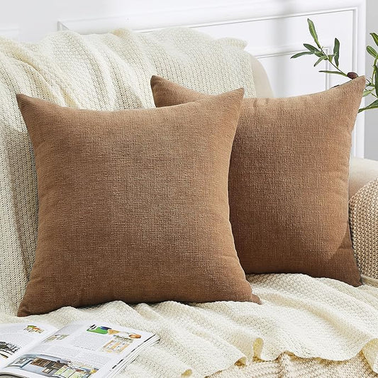 GAWAMAY Decorative Square Throw Pillow Covers 18"x18" Inch Set of 2, Super Soft Chenille Pillows Cover Fall Pillowcase for Living Room Bedroom Sofa Couch Cushion Cover Brown 45x45cm (No Inserts)