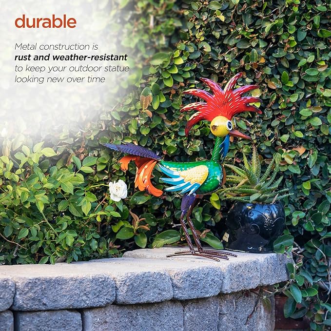 Alpine Corporation | 18" Tall Wacky Metal Rooster Yard Statue – Colorful Indoor/Outdoor Farm Animal Décor for Garden, Patio, Lawn, or Porch