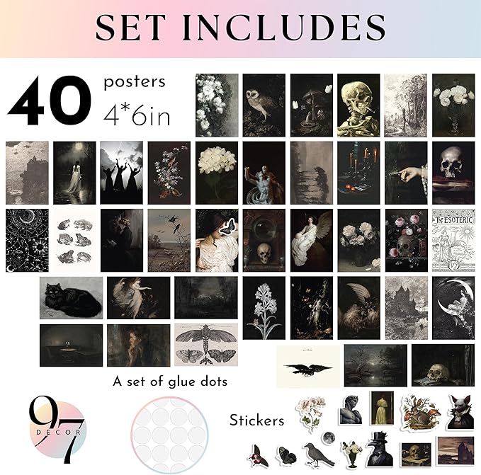 97 Decor Vintage Goth Decor For Home - 40 Pcs Mini Goth Posters For Room Aesthetic, Dark Academia Wall Art, Gothic Art Prints For Wall Decoration, Spooky Wall Collage Kit Gothic For Bedroom (4"x6")
