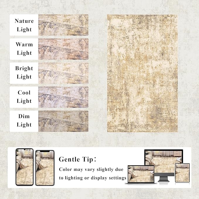 3x5 Modern Abstract Rug Washable Area Rugs for Living Room Bedroom Dining Room Non-Slip Low Pile Neutral Large Rug Soft Indoor Floor Carpet, Gold