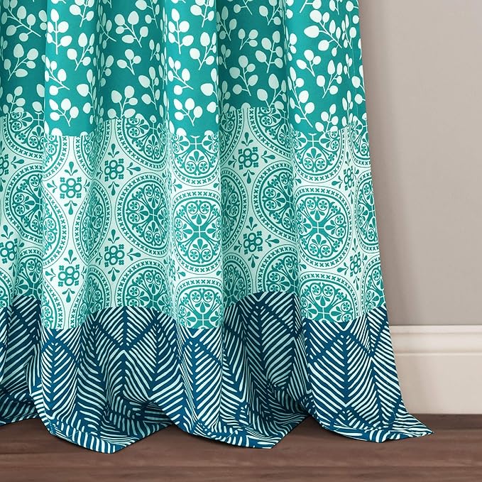 Lush Decor Bohemian Stripe Window Curtain Panels, Pair 52" W x 95" L Blue & Green - Light Filtering Curtains for Bedroom - Boho Curtains - Maximalist Decor