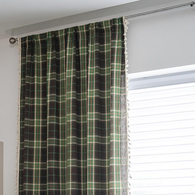 Sutuo Home Boho Curtains for Living Room Bedroom, Vintage Gingham Curtains Christmas Light Filtering Country Bohemian Tassels Vintage Chic Grid for Xmas Decor 1 Panel 52" W x 96" L, Dark Green Plaids