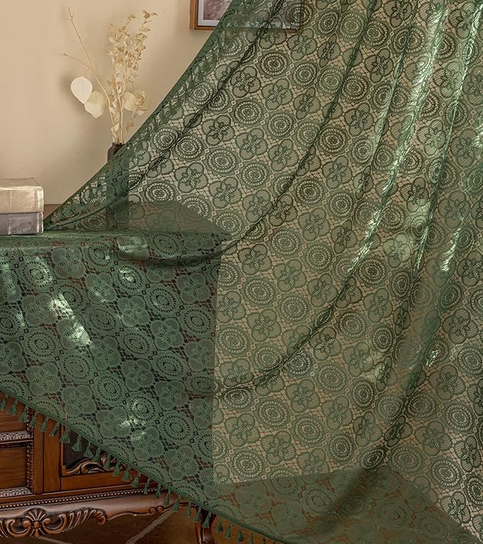 Green Boho Lace Curtains 108 inches Long 2 Panel Sets Retro Crochet Sheer Curtains for Living Room Bedroom Light Filtering Tassels High Ceiling Window Treatment Drapes 59" W x 108" L Emerald Green