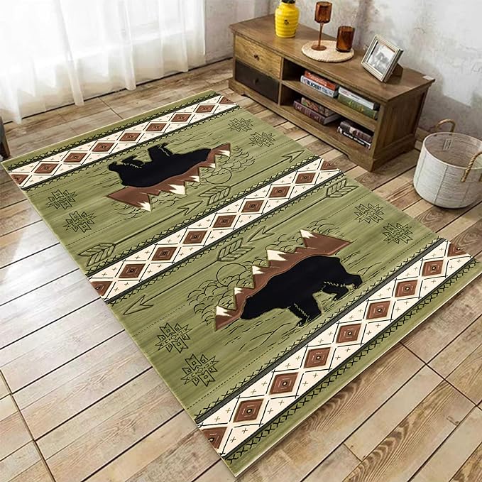 Rustic Cabin Area Rug, 4x6ft, Western Country Wildlife Bear Floor Carpet, Vintage Boho Geometric Pattern Green Rugs, Soft Non Slip Low Pile Carpet for Living Room Bedroom Office