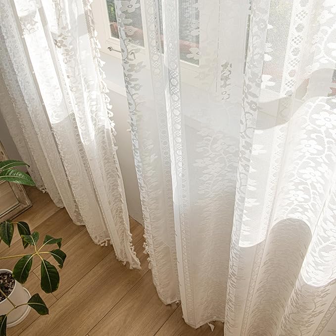 Sutuo Home Boho Curtains 2 Panels 63 Inches Length, Window Treatments Bohemian Embroider Sheer Crochet Lace Vintage Drapes Pair, Country White Florals Knitted Handmade Tassels Rod Pocket, 52" x 63"
