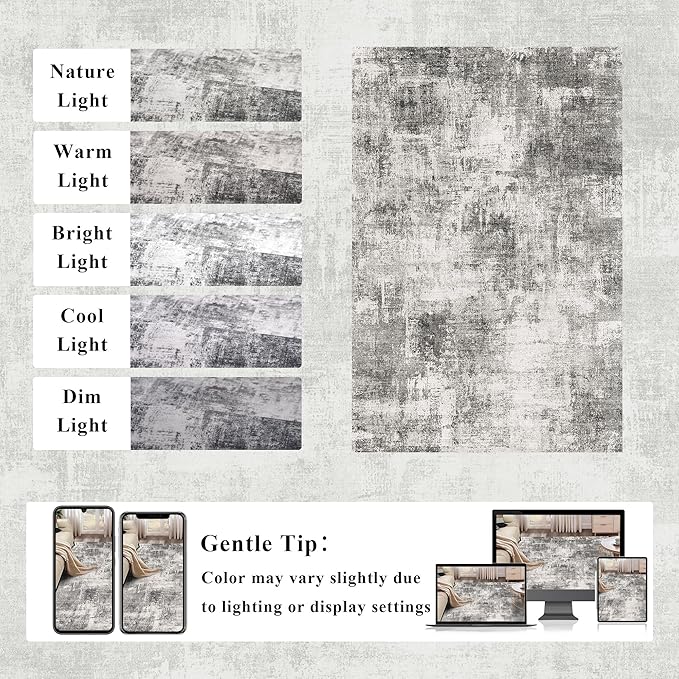 2x3 Modern Abstract Rug Washable Area Rugs for Living Room Bedroom Dining Room Non-Slip Low Pile Neutral Large Rug Soft Indoor Floor Carpet, Gray