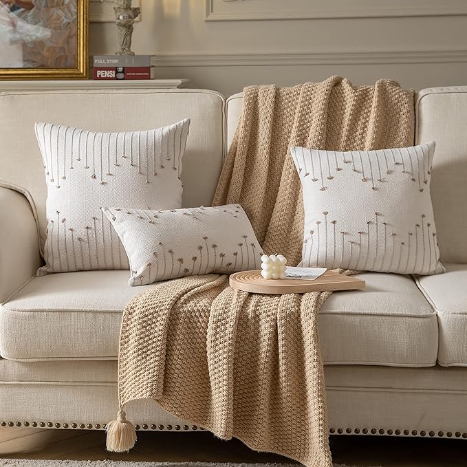 Caflife Boho Throw Pillow Covers 20x20 Set of 2 Decorative Pillows for Bed, Neutral Pillow Covers Beige with Tan Line Throw Pillows for Modern Farmhouse Couch Sofa Living Room Outdoor