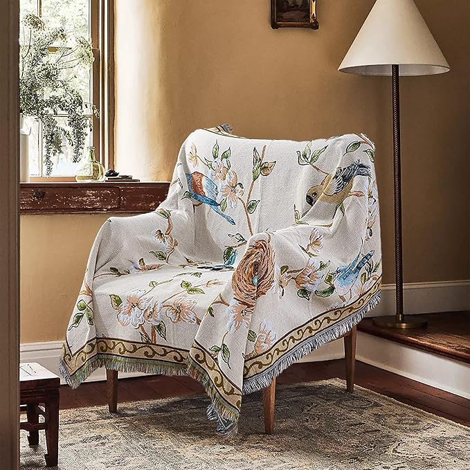 Boho Throw Blankets Reversible Woven Blankets Cover Hippie for Couch Bed Recliner Sofa Bohemian Tapestry Colorful Furniture Protector Cover for Home Décor, American Flower Birds, Double Side, 50"x70"