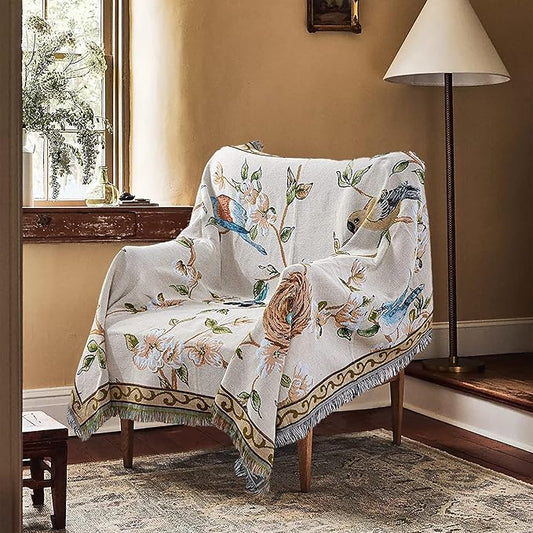 Boho Throw Blankets Reversible Woven Blankets Cover Hippie for Couch Bed Recliner Sofa Bohemian Tapestry Colorful Furniture Protector Cover for Home Décor, American Flower Birds, Double Side, 50"x70"
