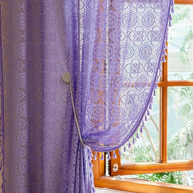 Lavender Sheer Curtains 63 Inch Length for Bedroom Girls 2 Panels Boho Crochet Curtains with Tassel Rod Pocket Floral Light Purple Lace Curtain Panels for Kitchen Closet Fairycore W59 x L63 Lilac