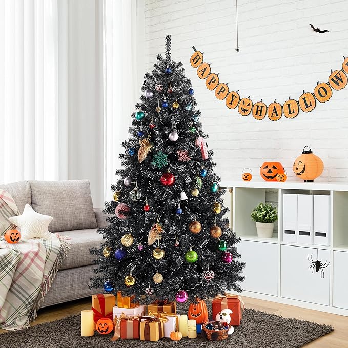 Yaheetech 6ft Pre-lit Halloween Black Spruce Artificial Hinged Christmas Pine Tree Prelighted Xmas Tree for Home Party Holiday Decoration with 300 Clear Warm White Lights and 818 Branch Tips, Black
