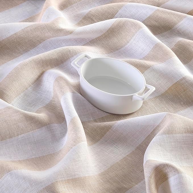 Solino Home Linen Tablecloth 60 x 120 Inch - Cabana Stripe 100% Pure Linen Natural and White Table Cloth for Rectangle Tables - Machine Washable Tablecloth for Fall, Autumn, Thanksgiving, Christmas
