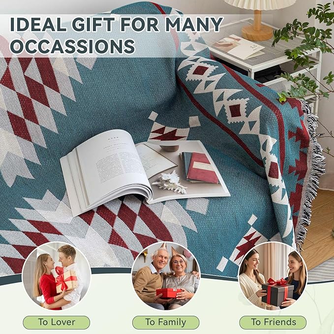 VClife Boho Couch Cover, Modern Cotton Linen Couch Cover for 3-4 Cushion Couch Sofa Cover with Tassel, Blue Red Gray Plaid Triangle Sofa Slipcover for Sectional Sofa L Shape Sofa Cover 71"x 150"