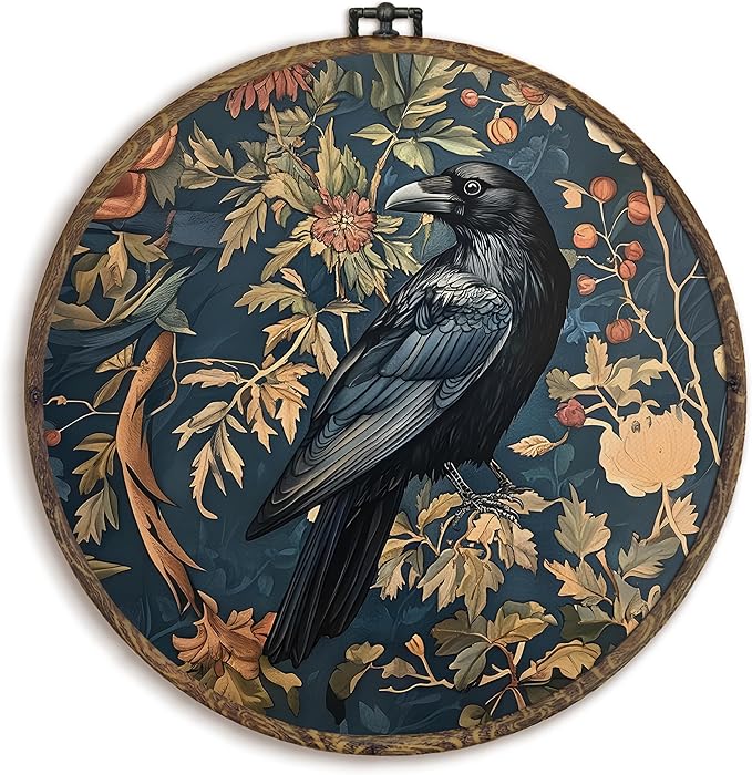 KFXHANGD Vintage Raven Crow Round Wall Art Framed, Raven Botanical Wall Art, Cottagecore Crow Canvas Wall Art Decor,Gothic Mid Century Dark Raven Hanging Wall Decor for Bathroom Living Room, 10x10In