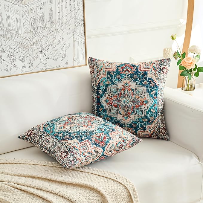 Boho Throw Pillow Covers 20x20 inch Set of 2,Boho Vintage Carpet Pattern Antique Ethnic Decor Double Sided Pattern Cushion Cover Soft Pillow Case Living Sofa Room Bed Square Pillow Cover