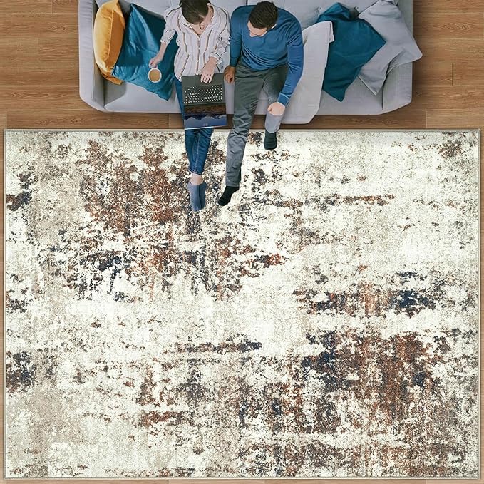 Living Room Rug 10x14 Rug, Machine Washable Modern Abstract Rug Soft Neutral Area Rug Non-Slip Stain Resistant Large Rugs for Living Room Dining Room Bedroom Dorm Office(Brown,10'x14')