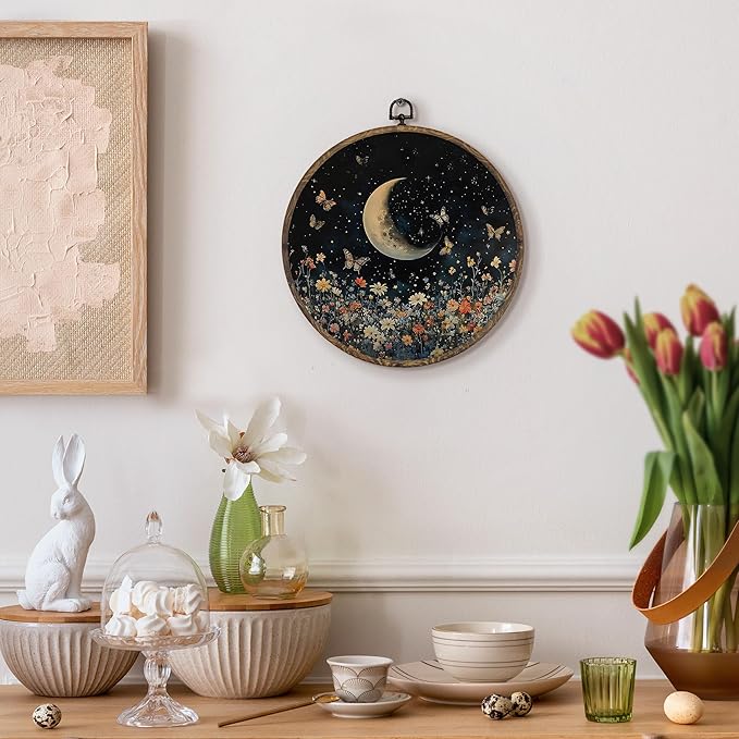 KFXHANGD Vintage Moon Floral Butterfly Round Wall Art Framed, Gothic Botanical Moon Canvas Wall Art Decor, Dark Cottagecore Wildflower Hanging Decor for Bedroom Living Room, 10x10inch
