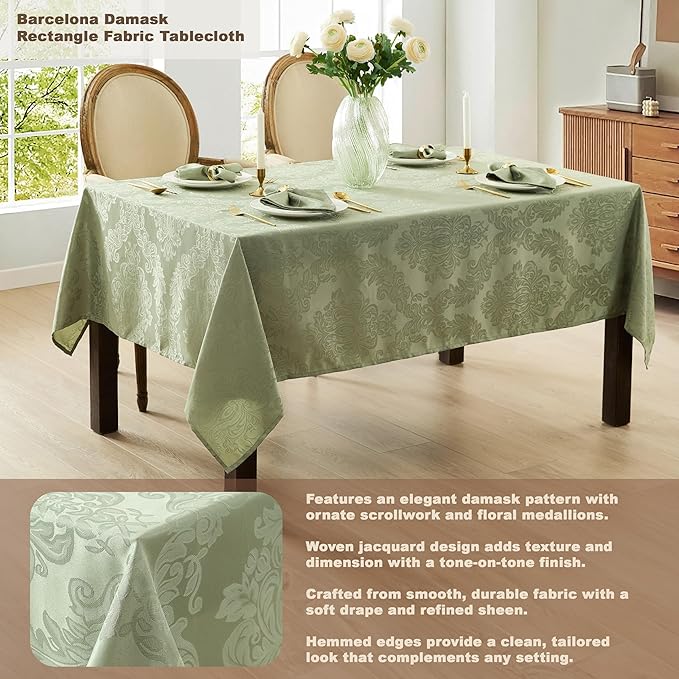 Newbridge Barcelona Damask Fabric Tablecloth, 60 x 144 Inch Rectangle, Sage Green – No Iron, Soil Resistant Table Cover for Dining, Parties and Holidays