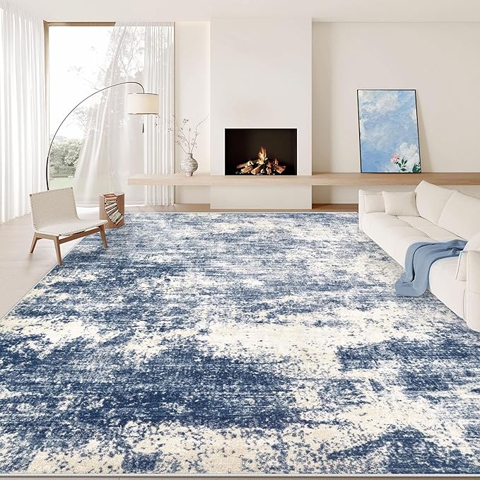 9x12 Area Rugs for Living Room: Washable Modern Abstract Rug Large Soft Non Slip Living Room Rug Indoor Low Pile Carpet for Bedroom Dining Room Home - Blue