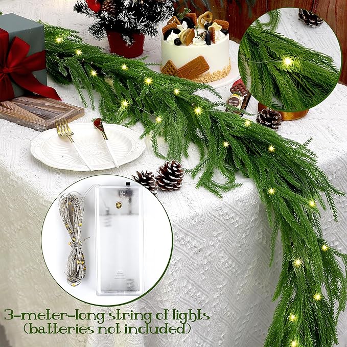 Fovths 1 Pack 12 Feet Christmas Norfolk Garlands Set Green Artificial Winter Pine Garlands Light String Faux Greenery Garland Pine Garland for Xmas Holiday Home Indoor Decor, Green