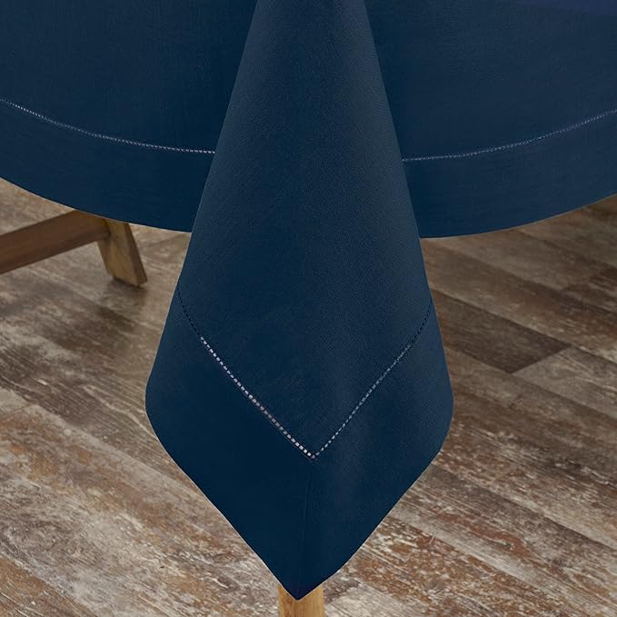 D'Moksha Homes Navy Blue Linen Tablecloth for Rectangle Tables 60 x 90 Inch - 100% Pure Linen Navy Table Cloth - Classic Hemstitch, Machine Washable Tablecloth for Thanksgiving, Holiday