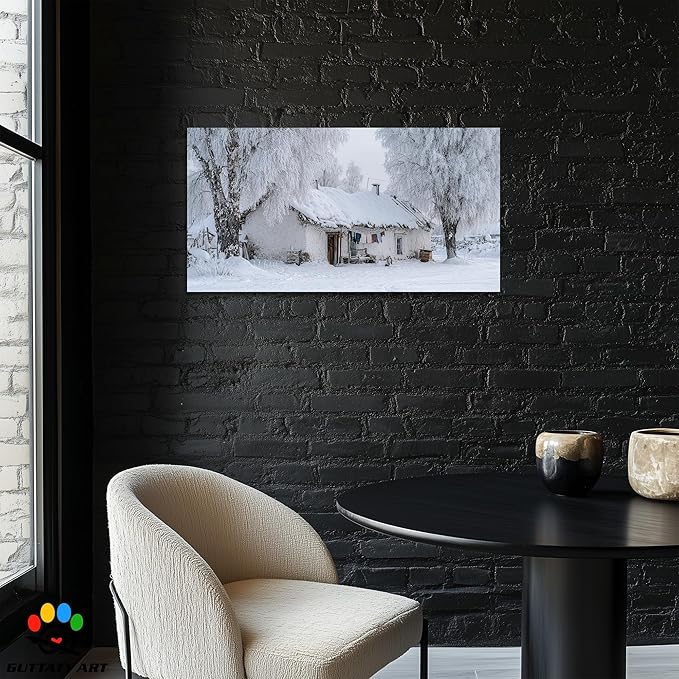 GUTTATY Christmas Winter Scene Canvas Pictures, Snowy Village Wall Decor, White Frost Landscape Canvas Artwork, Rustic Cabin Wall Painting for Living Room, Bedroom, Holiday Decoration, 24x12 Inch